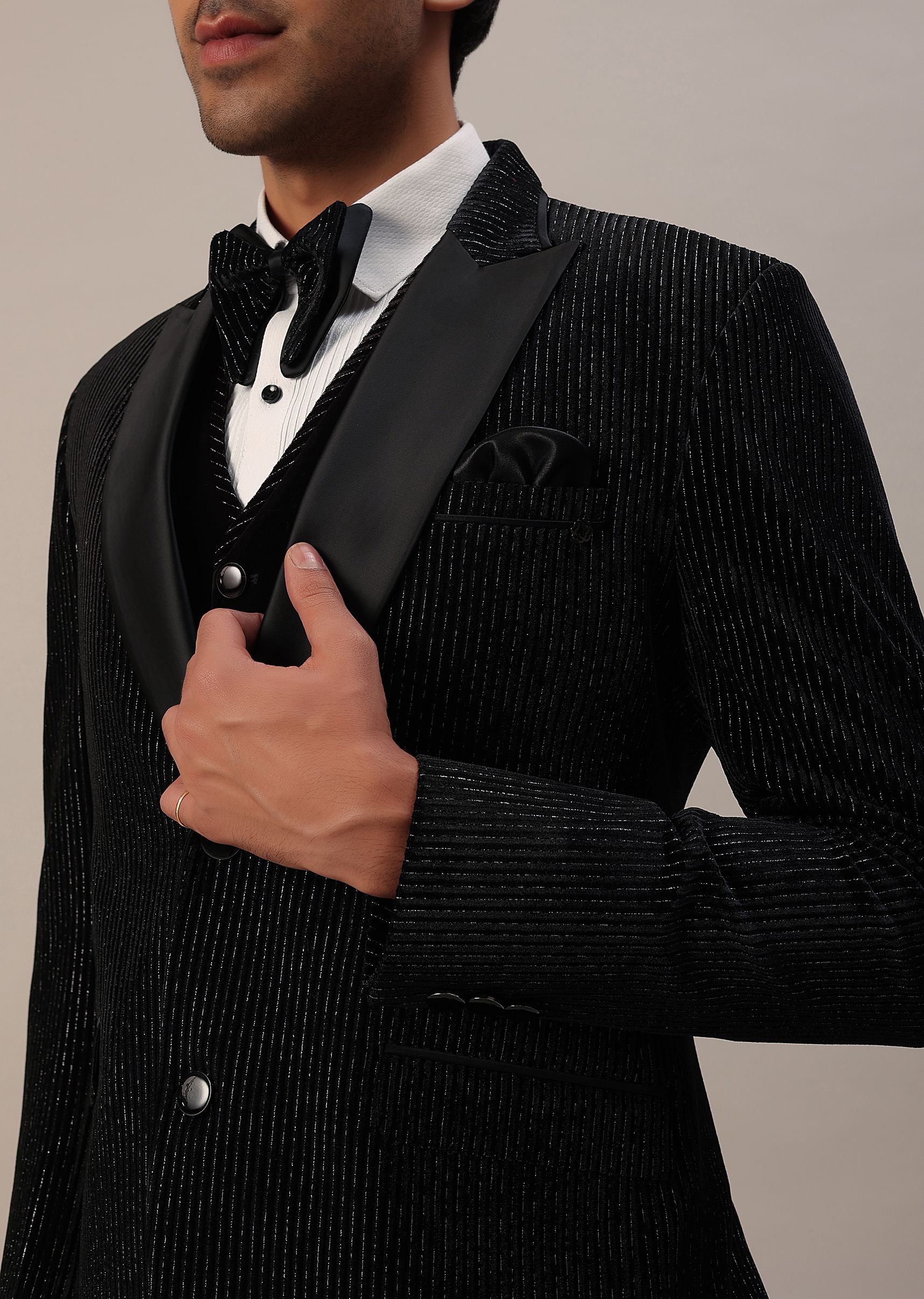 Buy Black Velvet Tuxedo Set With Cut Work Embroidery