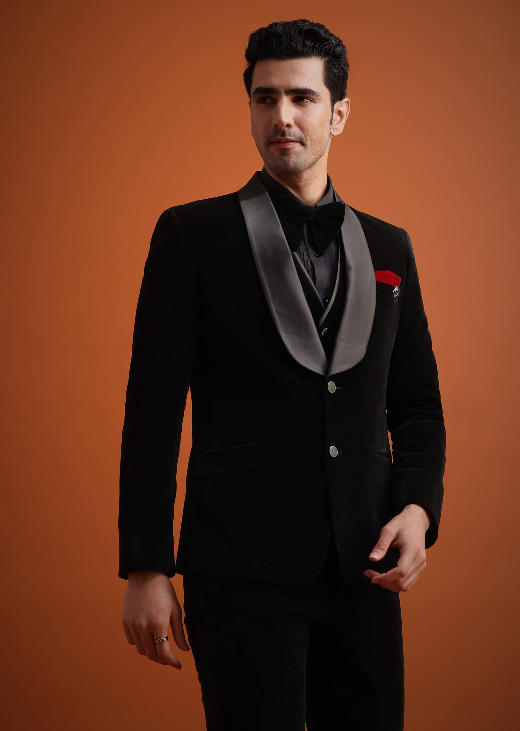 Buy Black Velvet Tuxedo Set With Waistcoat And Bow | KALKI