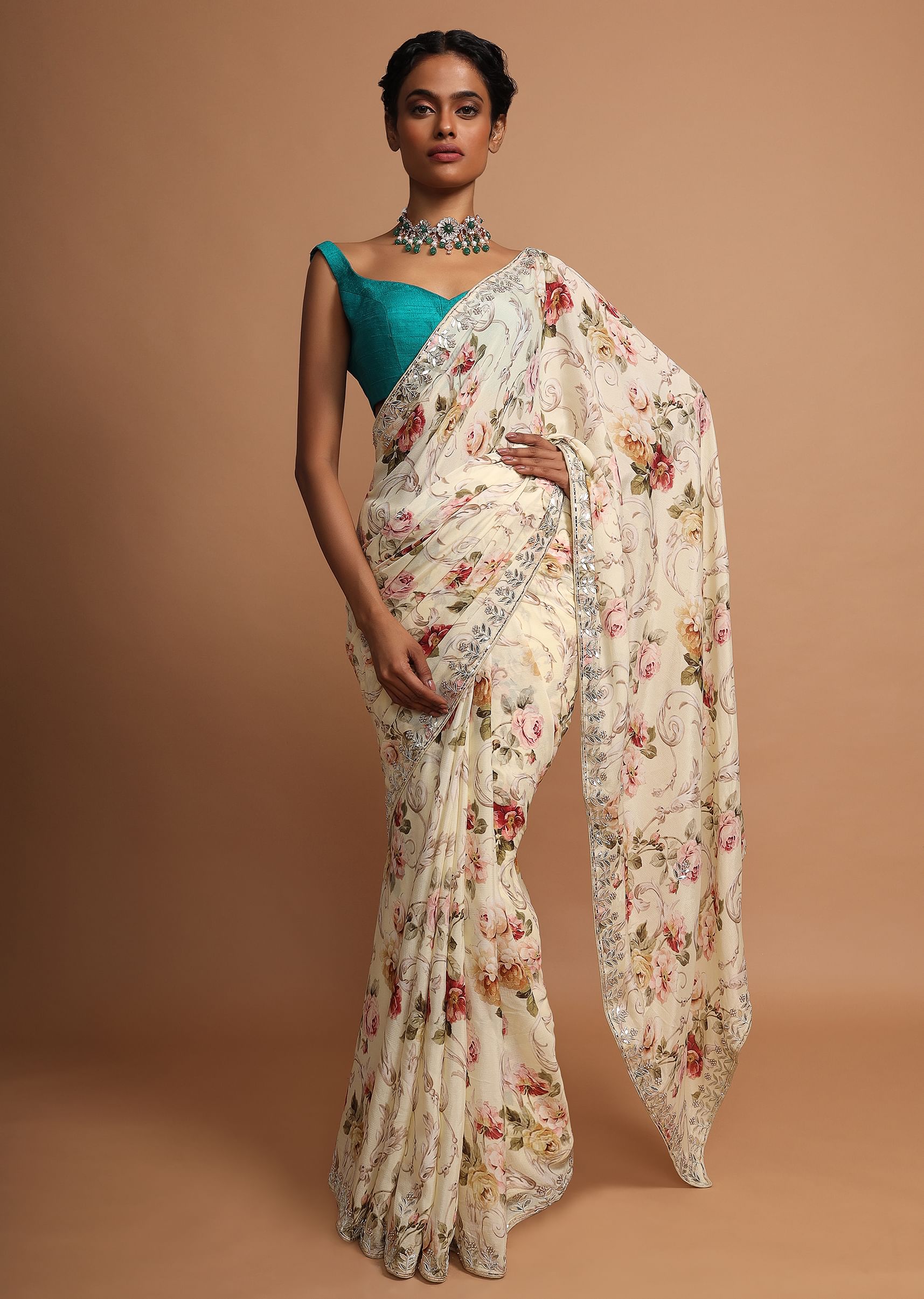 Buy Blonde yellow floral printed chiffon saree with gotta and moti embroidered border Online Kalki Fashion