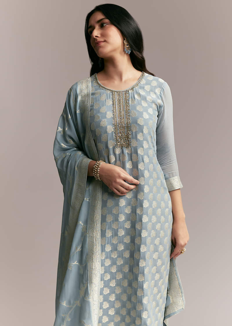 Blue Banarasi Kurta Set