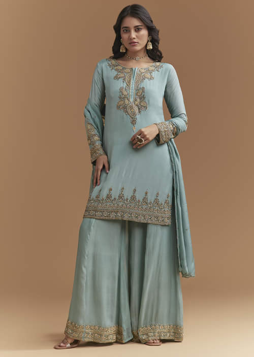 Blue Chinon Palazzo Suit With Moti And Cutdana Embroidery Blue Chinon Palazzo Suit With Moti And Cutdana Embroidery