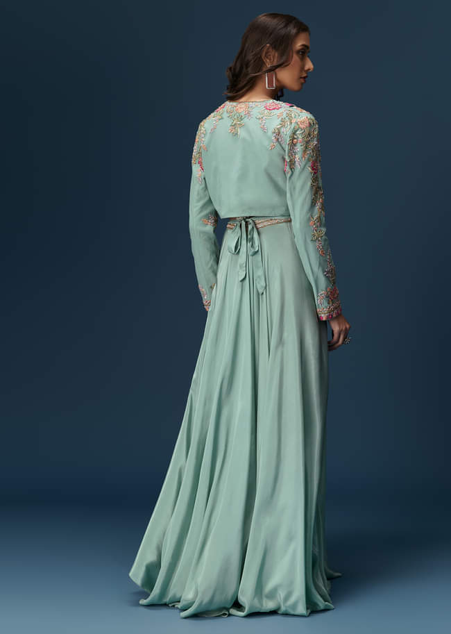 Blue Embroidered Palazzo Set With Coordinated Jacket And Blouse