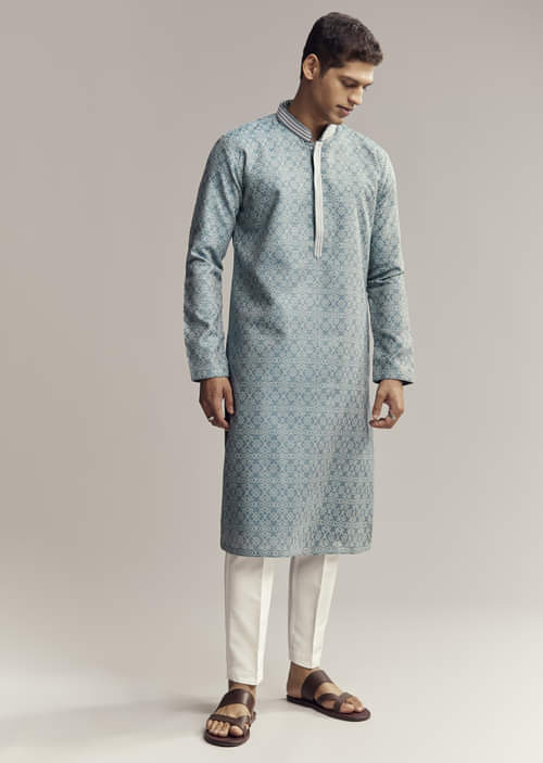 Blue Jacquard Kurta Set For Men Blue Jacquard Kurta Set For Men