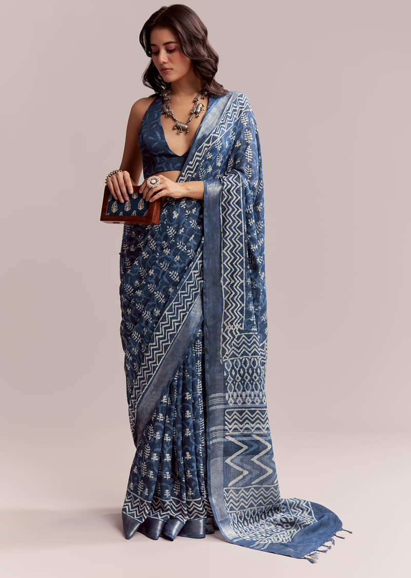Blue Linen Printed Saree With Heritage Ajrakh Leaf Print