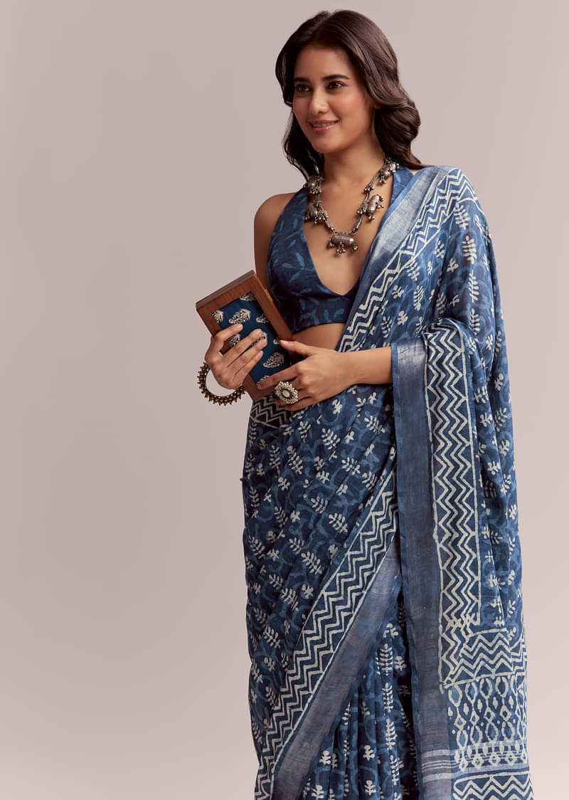 Blue Linen Printed Saree With Heritage Ajrakh Leaf Print