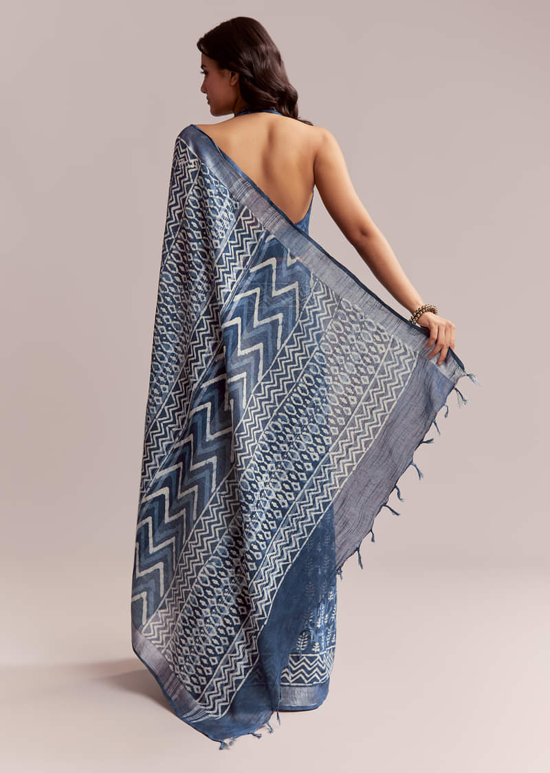 Blue Linen Printed Saree With Heritage Ajrakh Leaf Print
