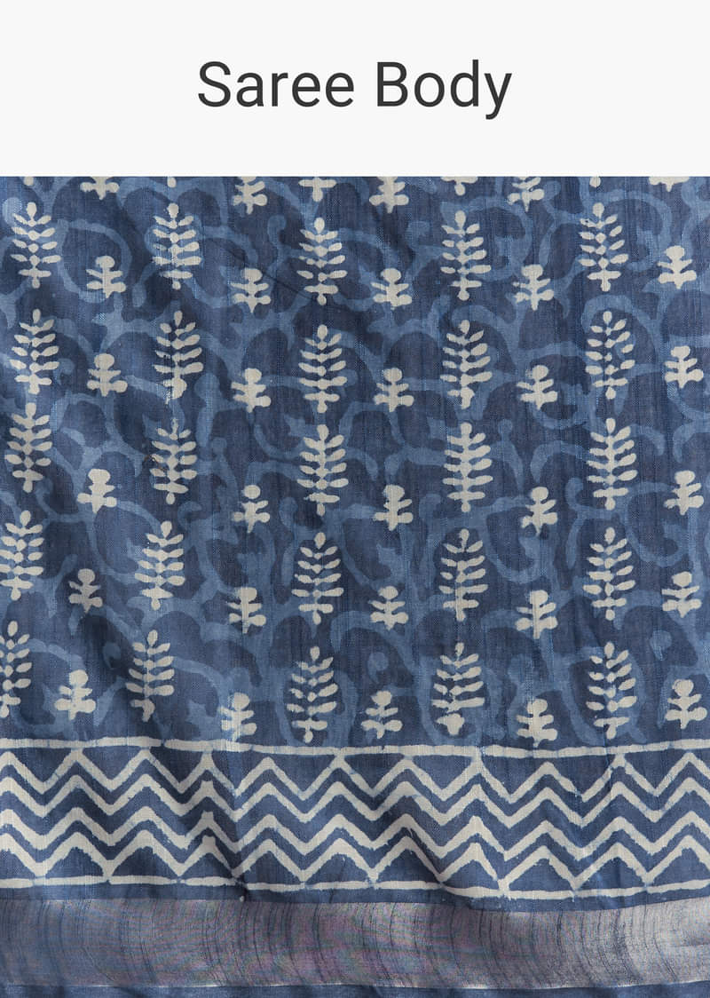 Blue Linen Printed Saree With Heritage Ajrakh Leaf Print