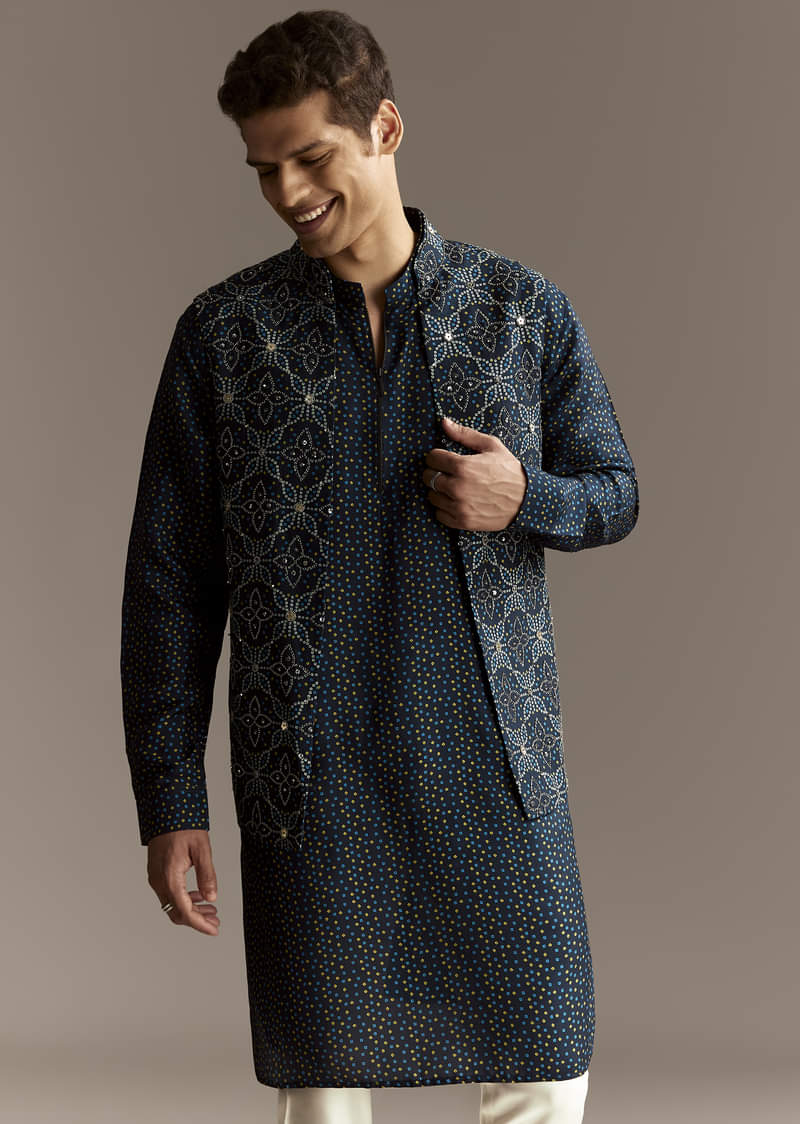 Blue Mirror Work Jacket Set