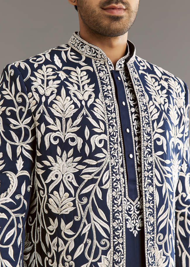 Blue Suiting Indo Western Set With Floral Embroidery