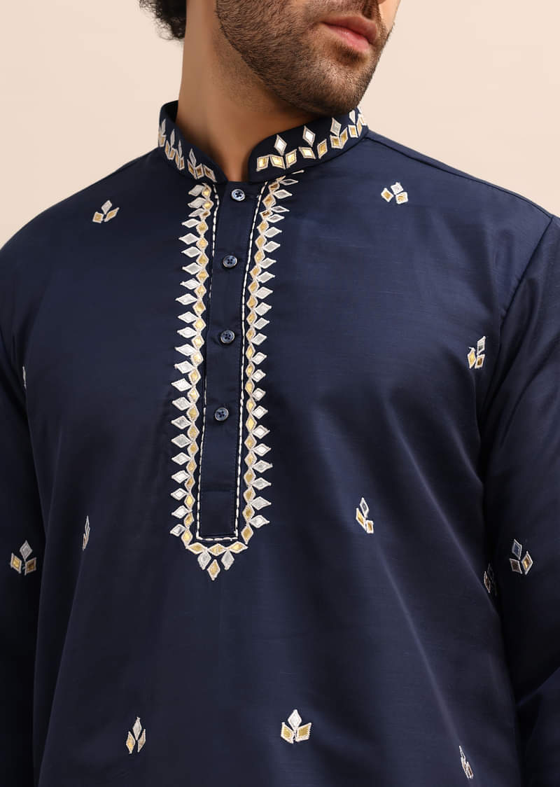 Blue Abla Work Kurta Set For Men