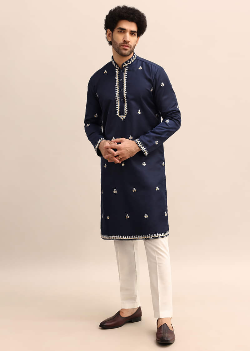 Blue Abla Work Kurta Set For Men
