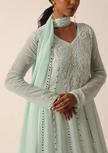Blue Anarkali Set With Mirror Embellishments