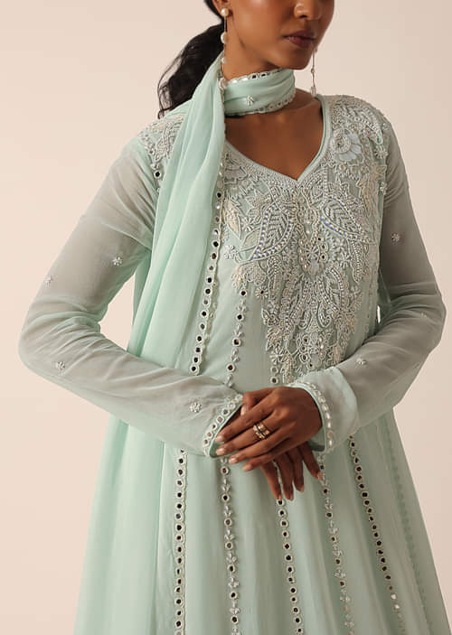 Blue Anarkali Set With Mirror Embellishments