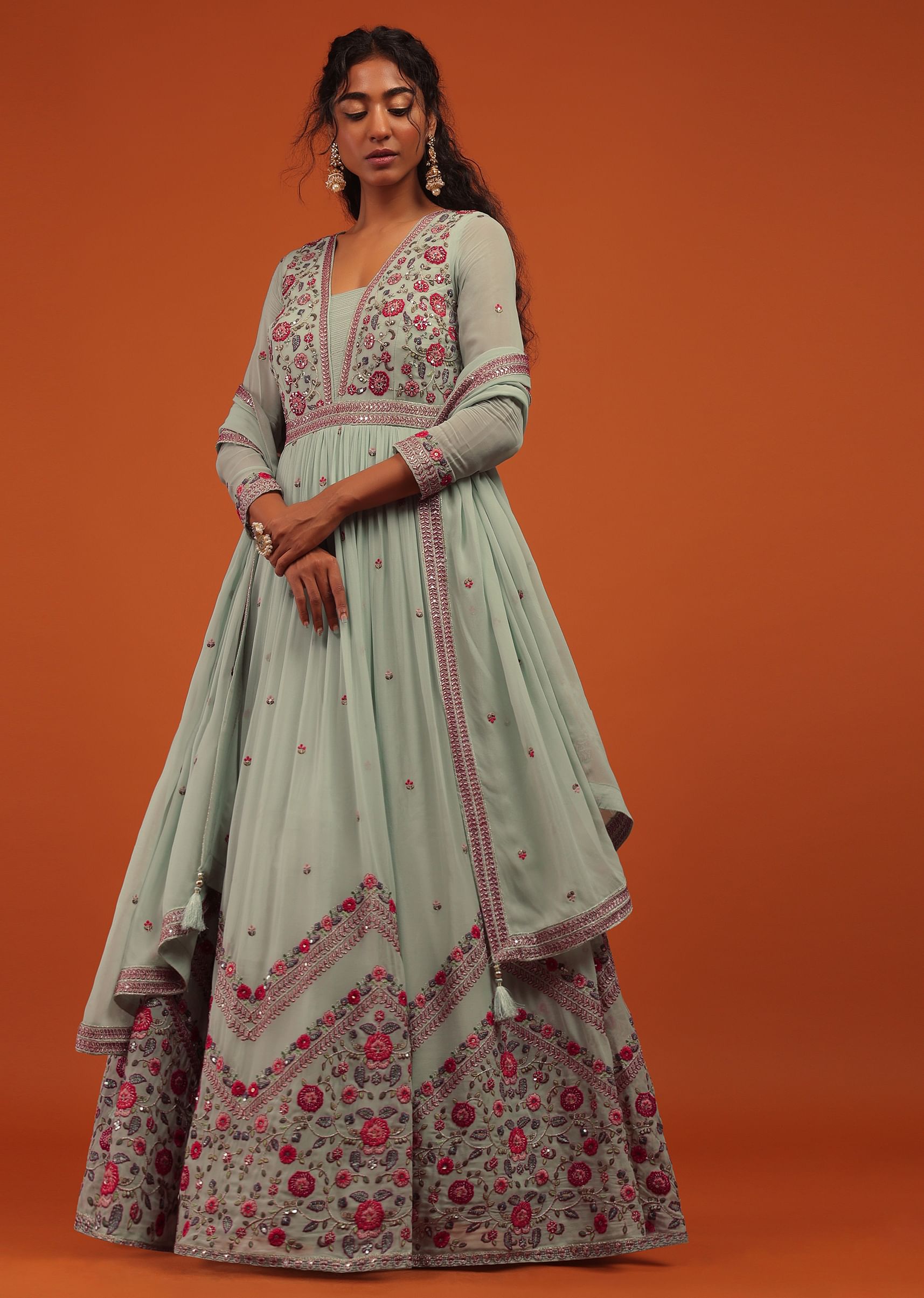 Buy Blue Anarkali Suit Set In Georgette With A Floral Pattern KALKI Fashion India