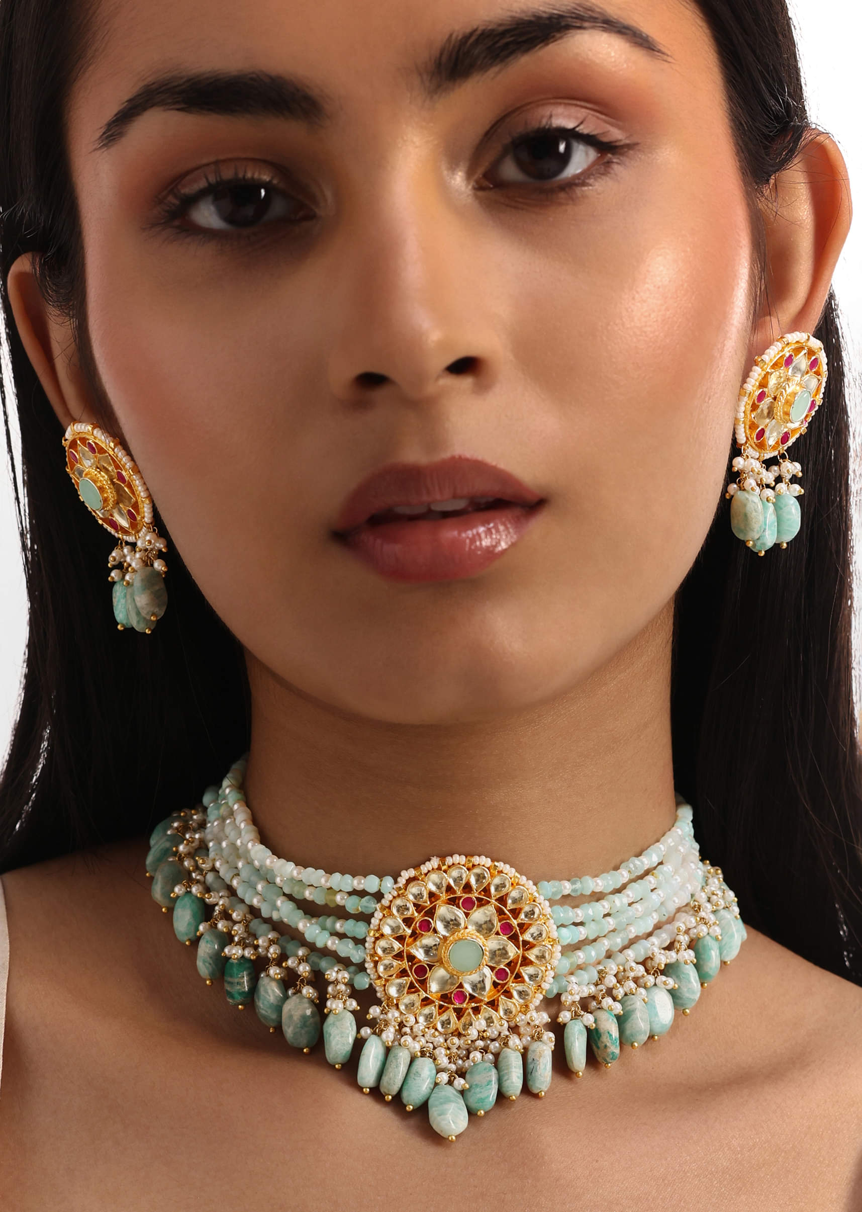 Buy Blue And Gold Pachi Kundan Pendant Necklace Set In Mixed Metal KALKI Fashion India
