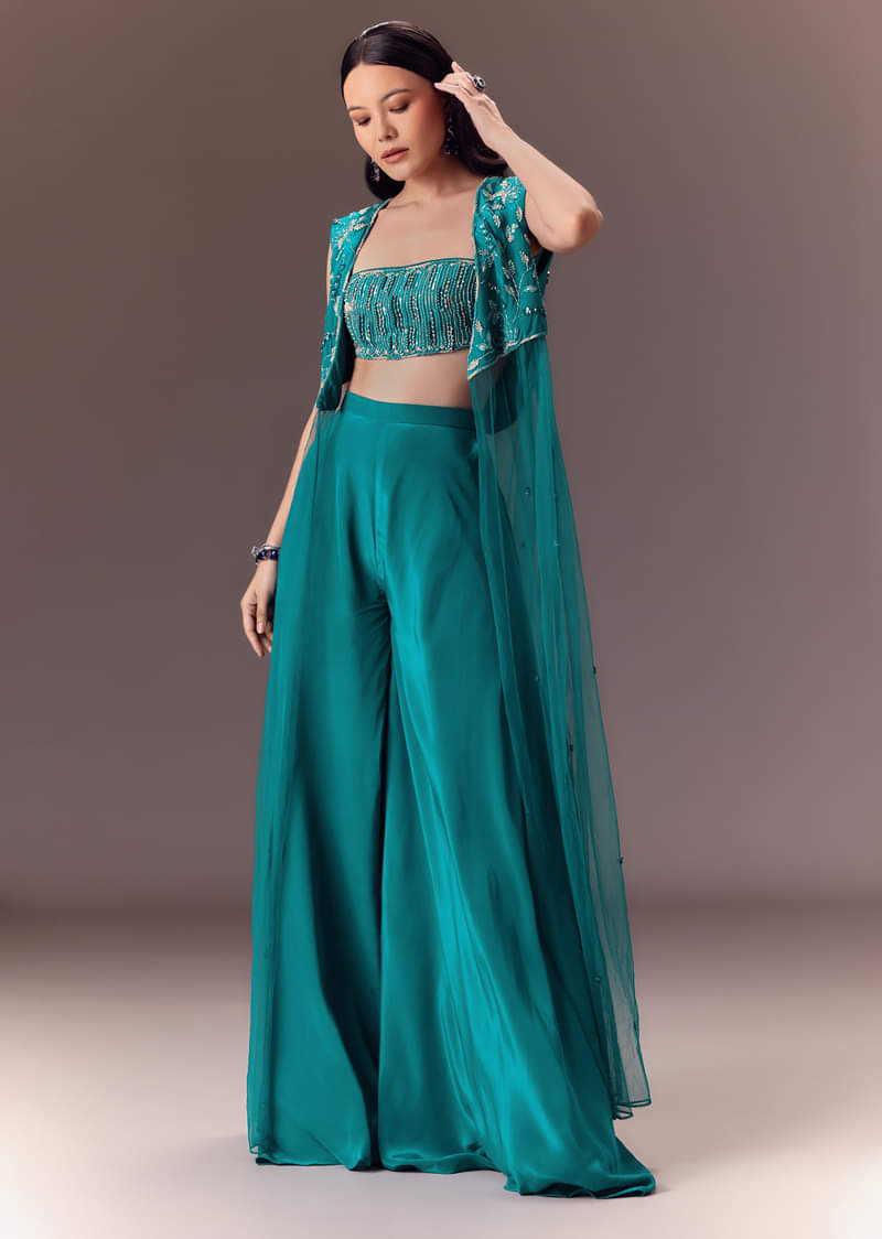 Blue Asymmetric Embroidered Jacket With Blouse And Palazzo Pants