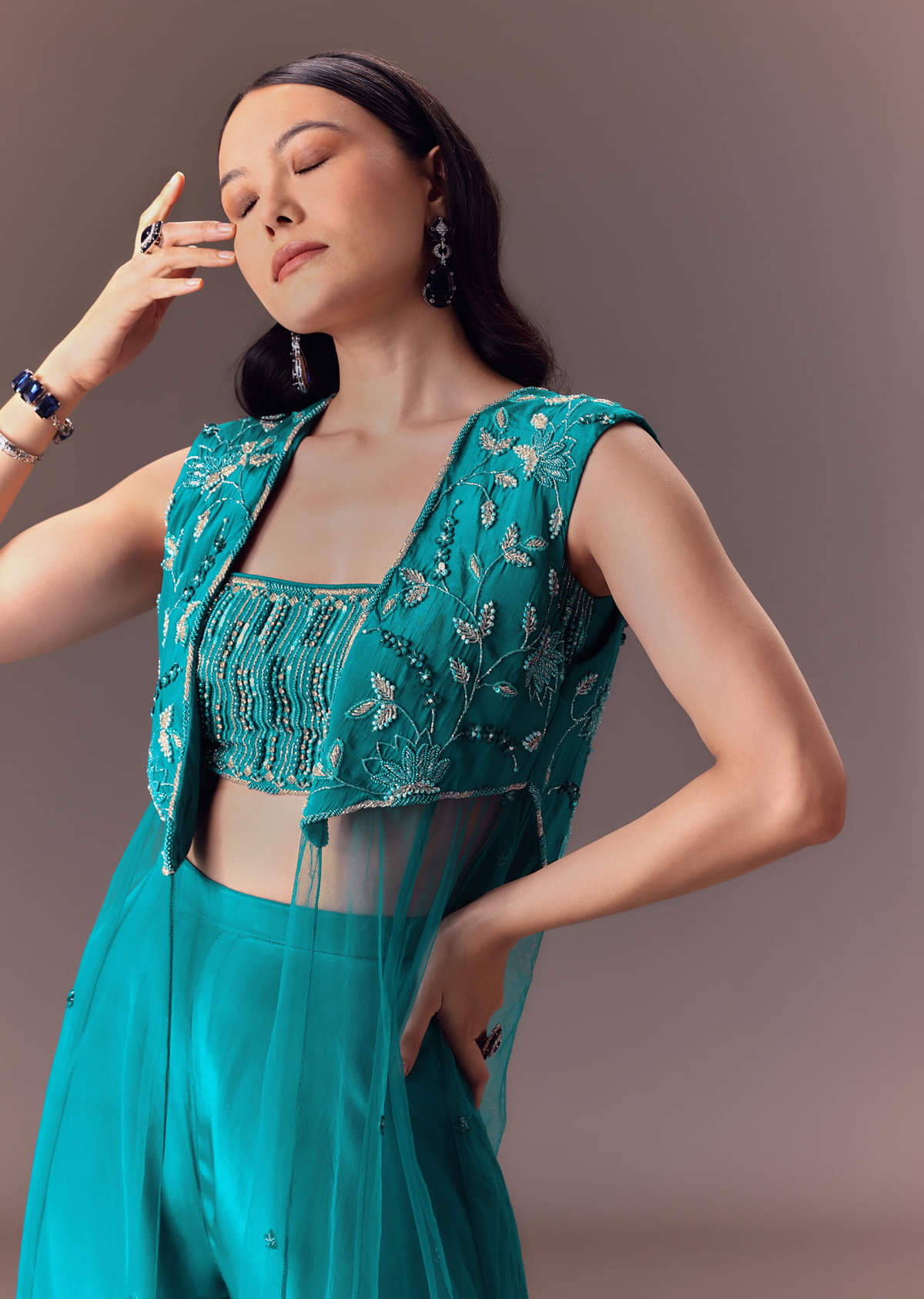 Blue Asymmetric Embroidered Jacket With Blouse And Palazzo Pants