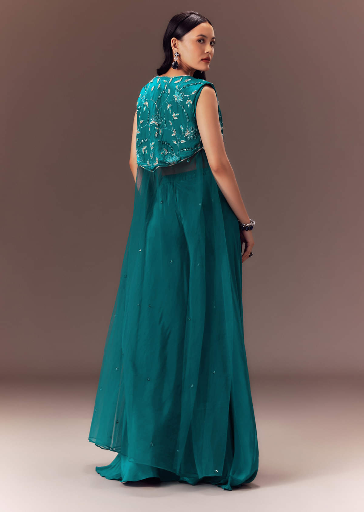 Blue Asymmetric Embroidered Jacket With Blouse And Palazzo Pants