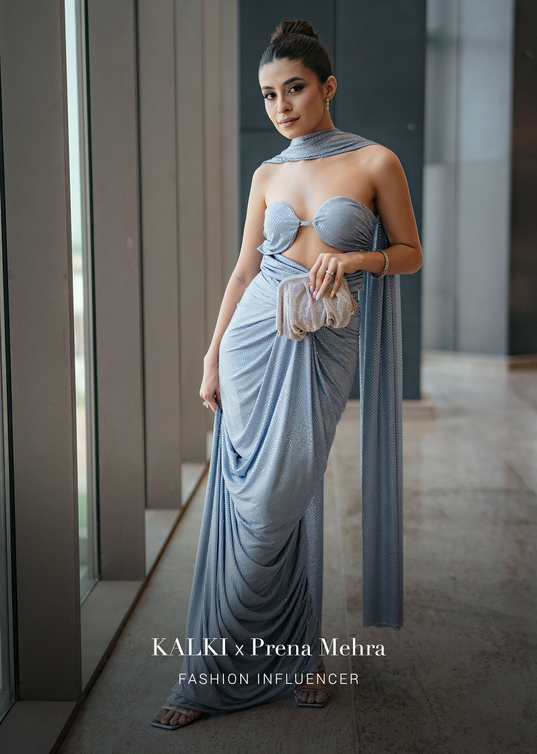 Buy Blue Bodycon Blouse with a Dhoti Style Draped Skirt KALKI Fashion Global