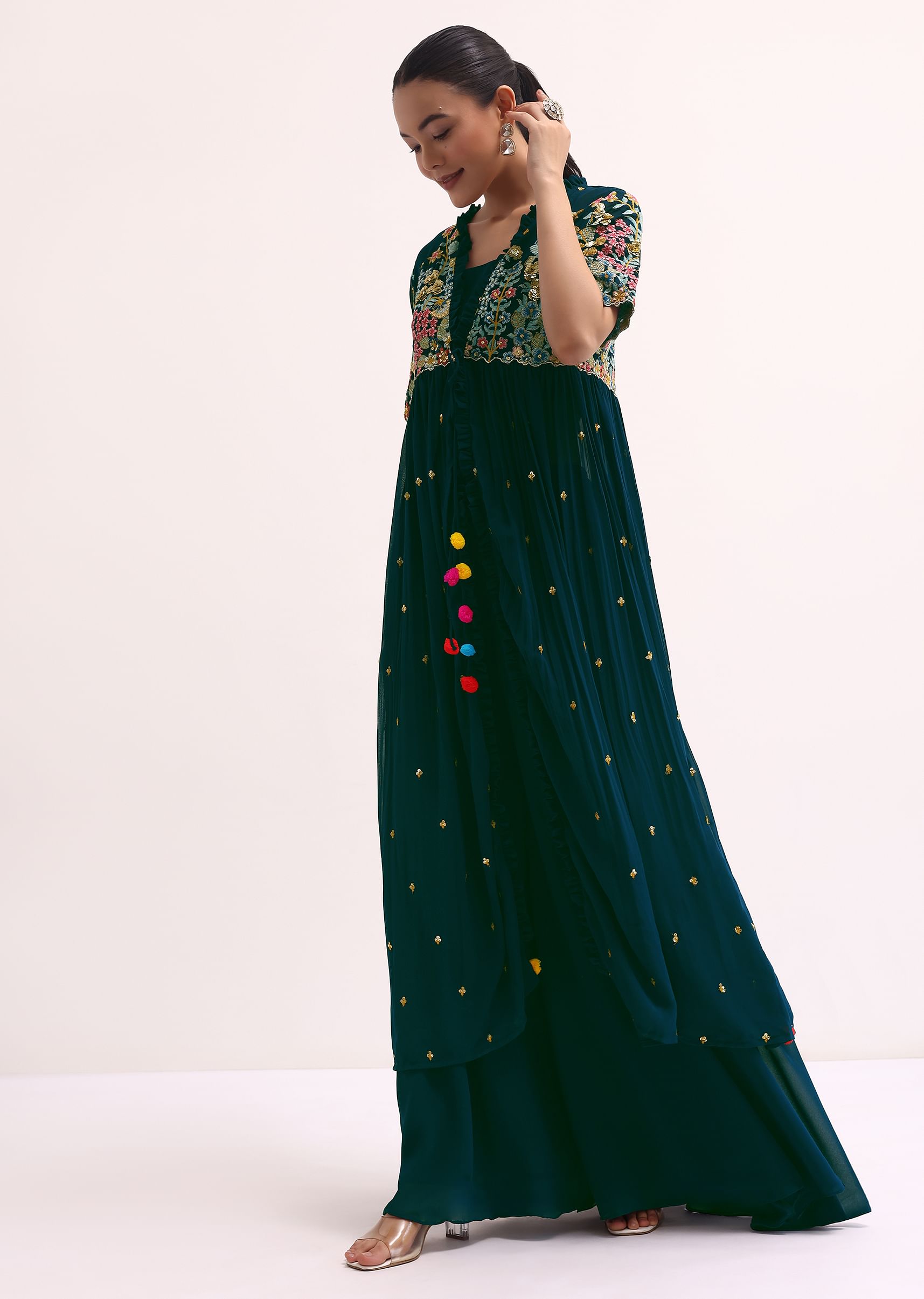 Buy Blue Chiffon Palazzo Set With Jacket KALKI Fashion Global