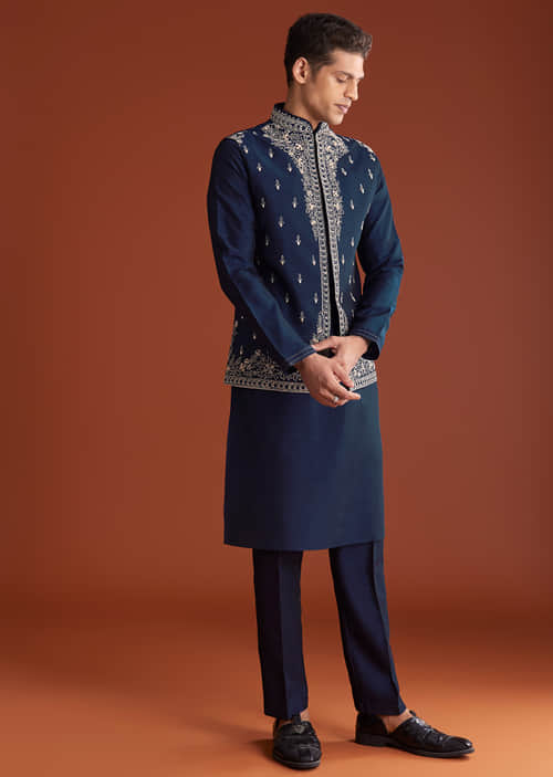 Buy Blue Cotton Silk Kurta Jacket Set With Mirror Embroidery