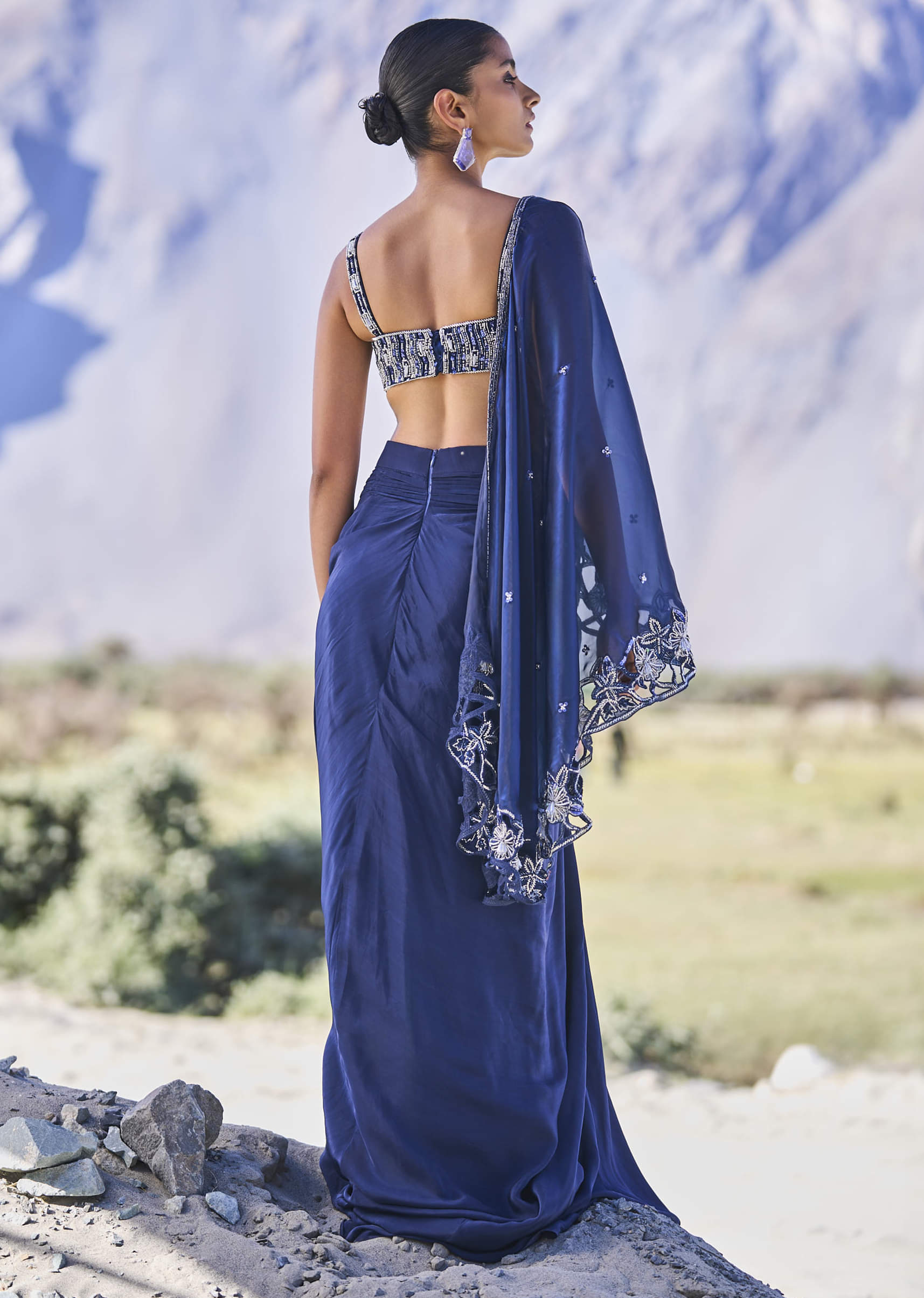 Buy Blue Crepe Draped Skirt With Embroidered Blouse And Cape