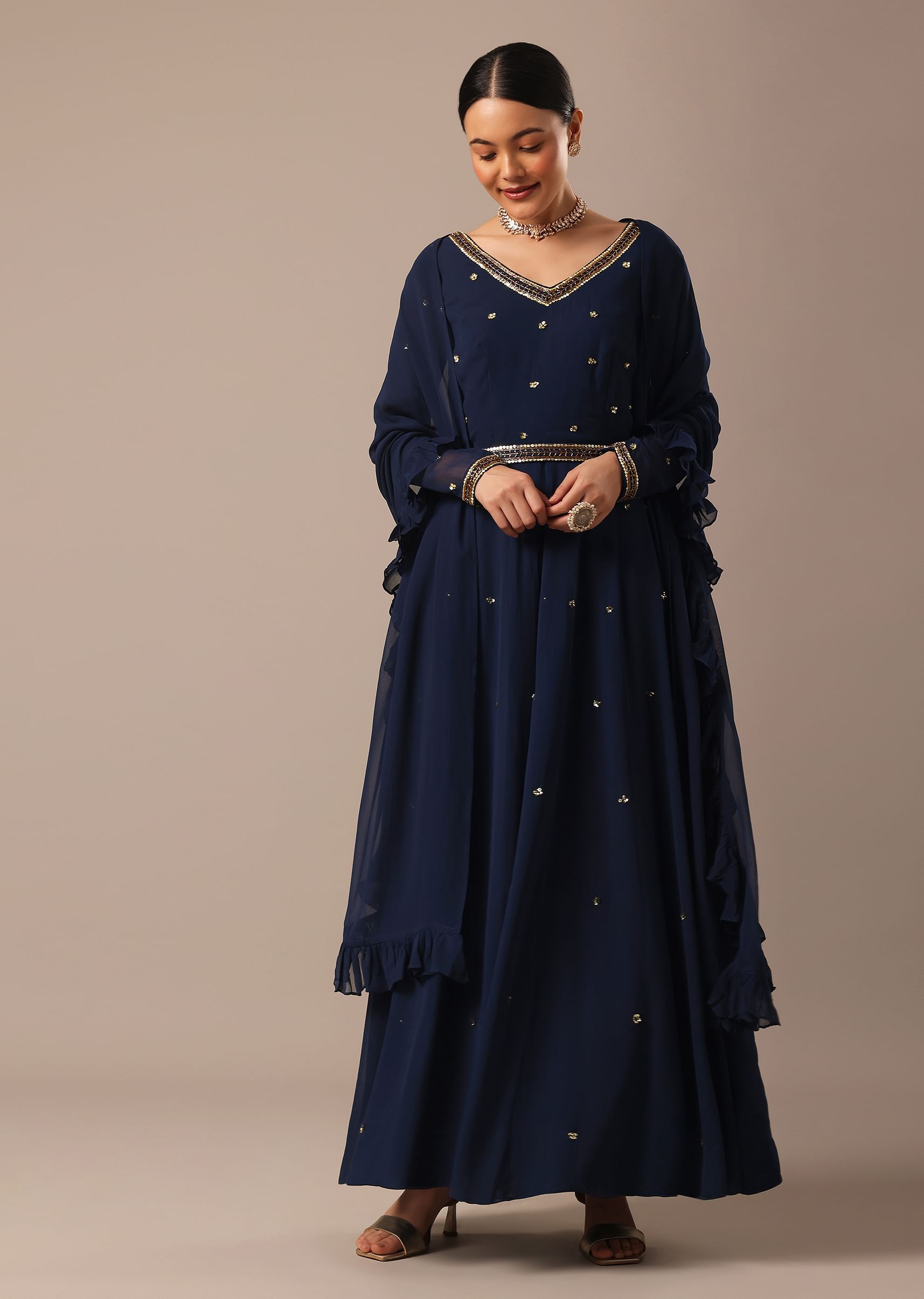 Buy Blue Cutdana Embellished Anarkali Set with Belt and Fancy Dupatta Online in India