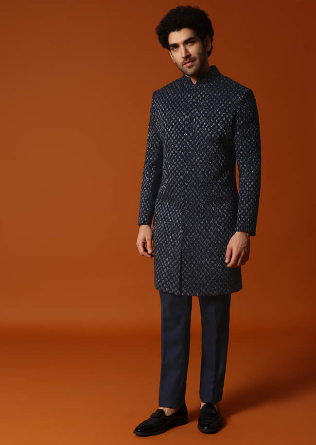 Blue Cutdana Embroidered Indowestern Suit For Men