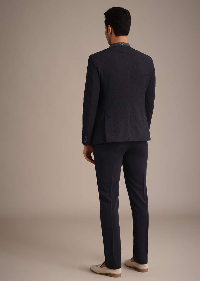 Blue Cutdana Work Jodhpuri And Pant Set With Pocket Square