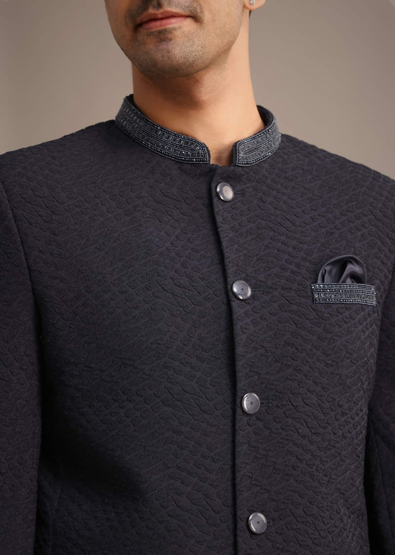 Blue Cutdana Work Jodhpuri And Pant Set With Pocket Square