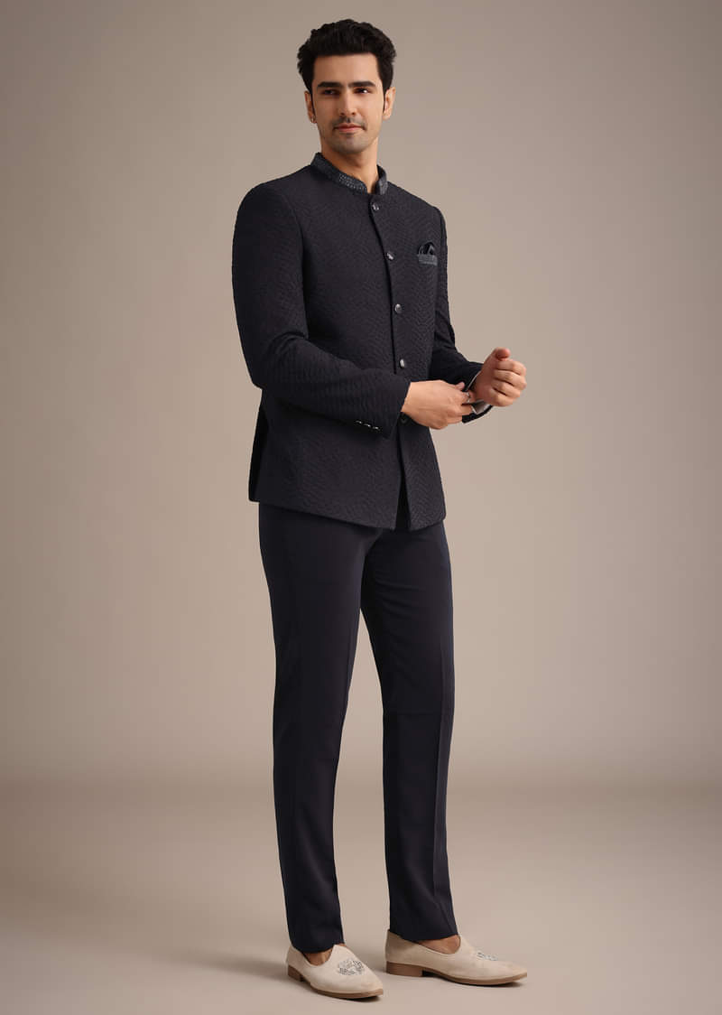 Blue Cutdana Work Jodhpuri And Pant Set With Pocket Square
