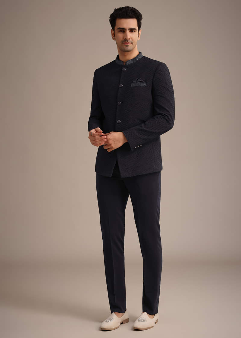 Blue Cutdana Work Jodhpuri And Pant Set With Pocket Square