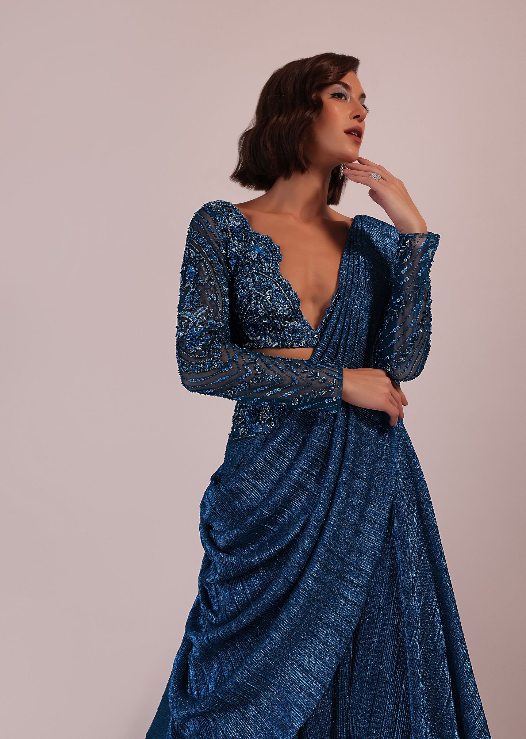 Buy Blue Embroidered Bridesmaid Drape Saree And Blouse Set In Crushed Shimmer KALKI Fashion India