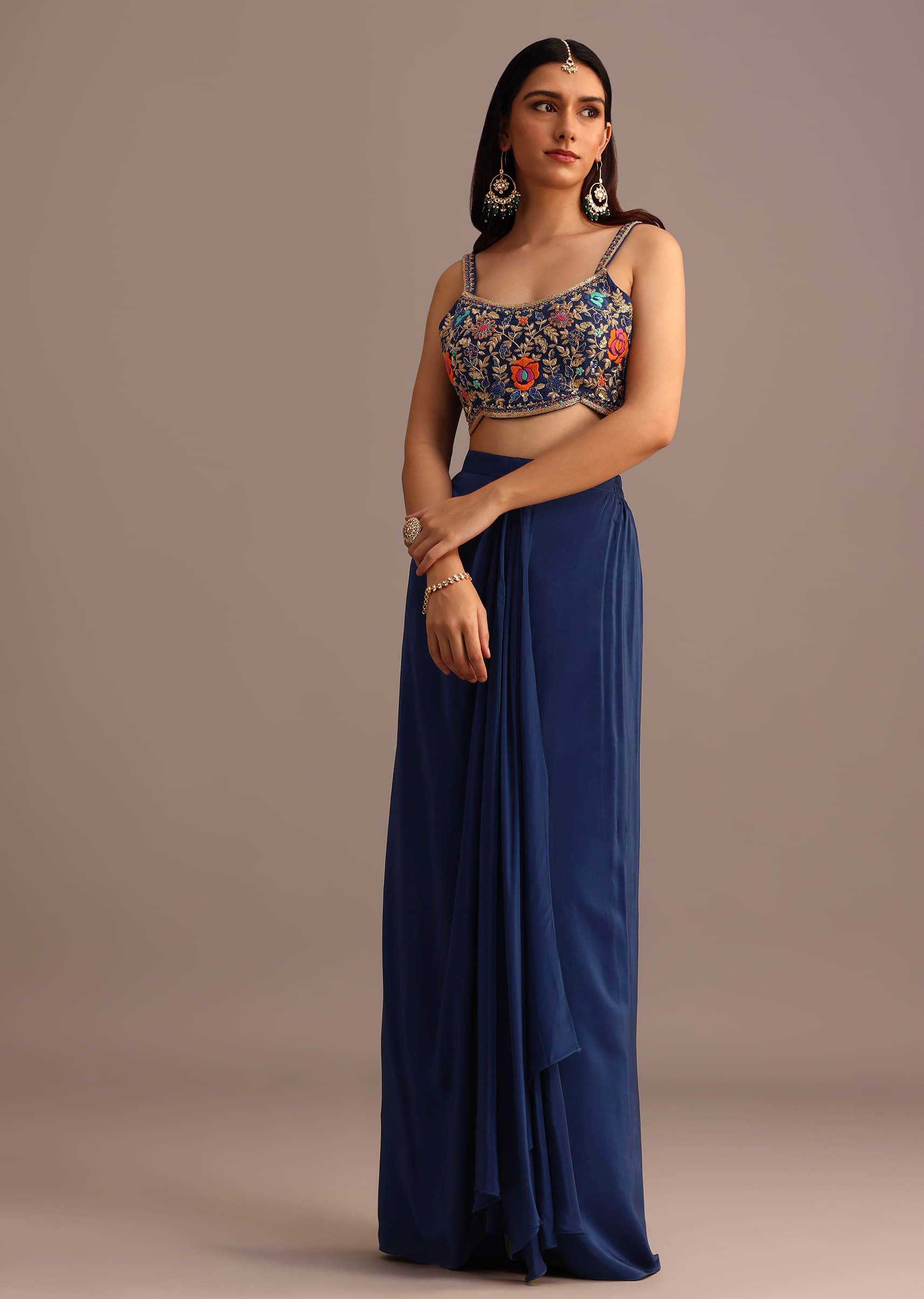 Buy Blue Embroidered Croptop With Drape Skirt And Tussar Jacket
