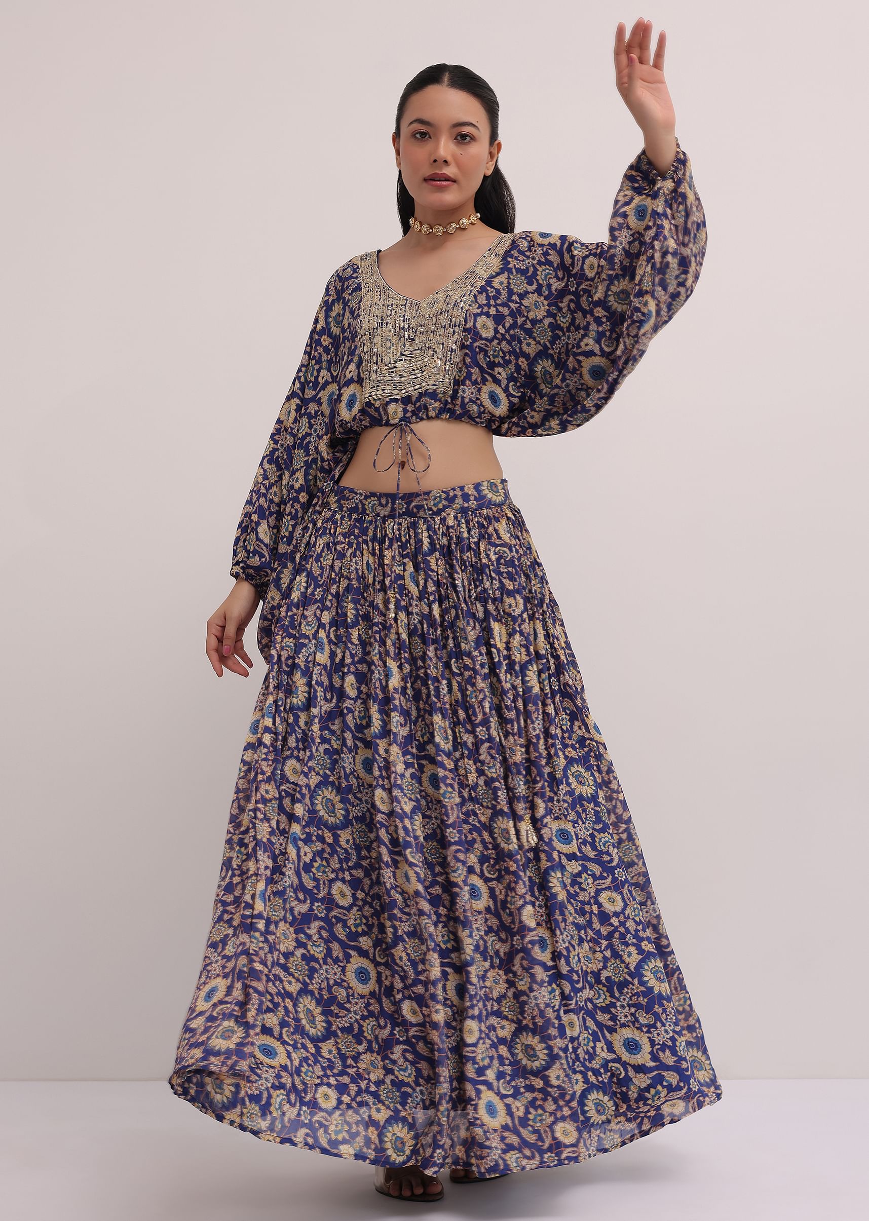 Buy Blue Embroidered Croptop With Printed Skirt