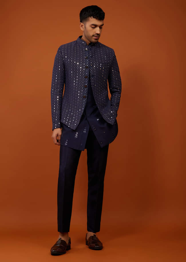 Midnight Blue Embroidered Indo-Western Bandi Set In Georgette