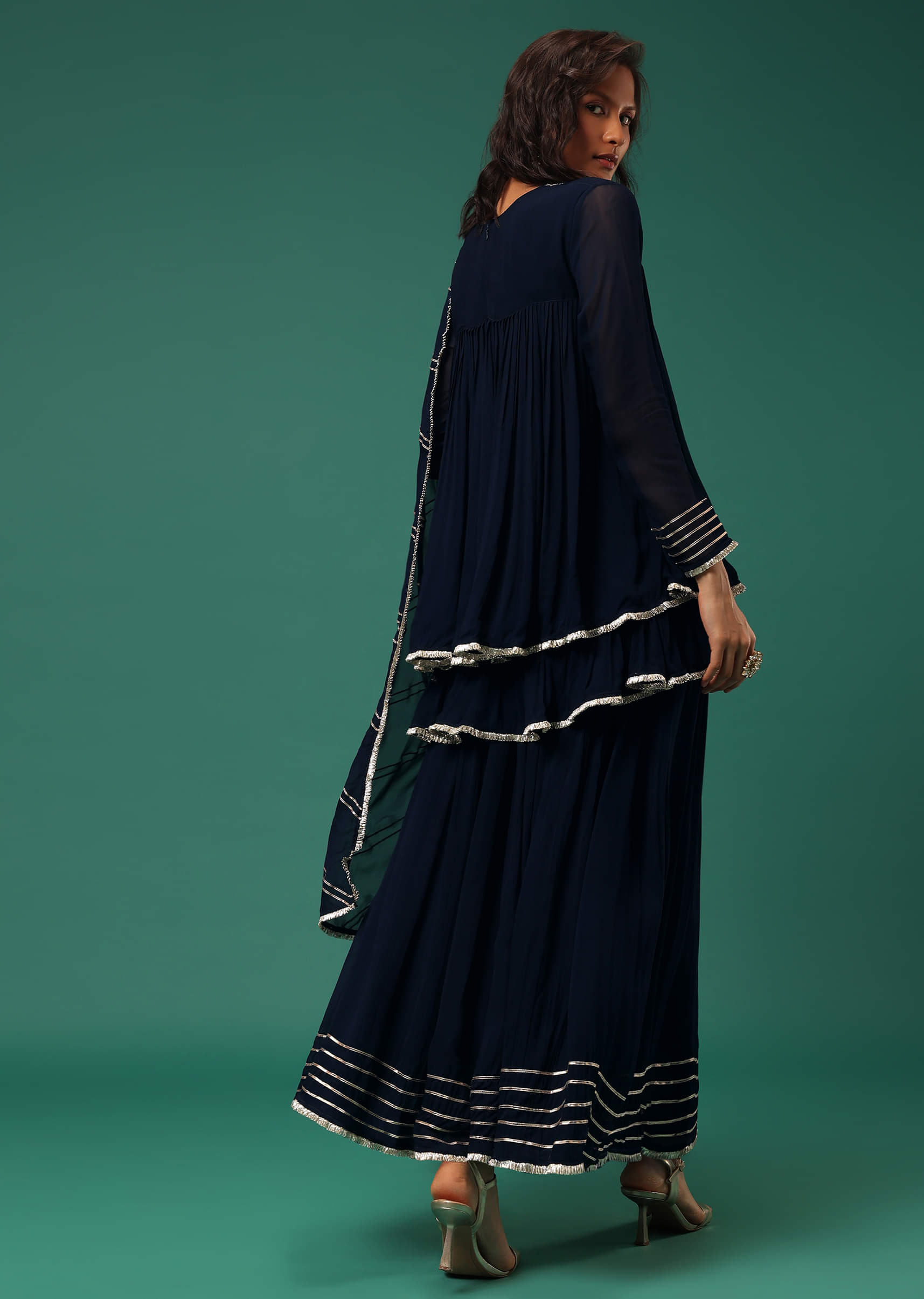 Buy Blue Embroidered Palazzo Suit Set in Georgette with Double Peplum Top Online in India