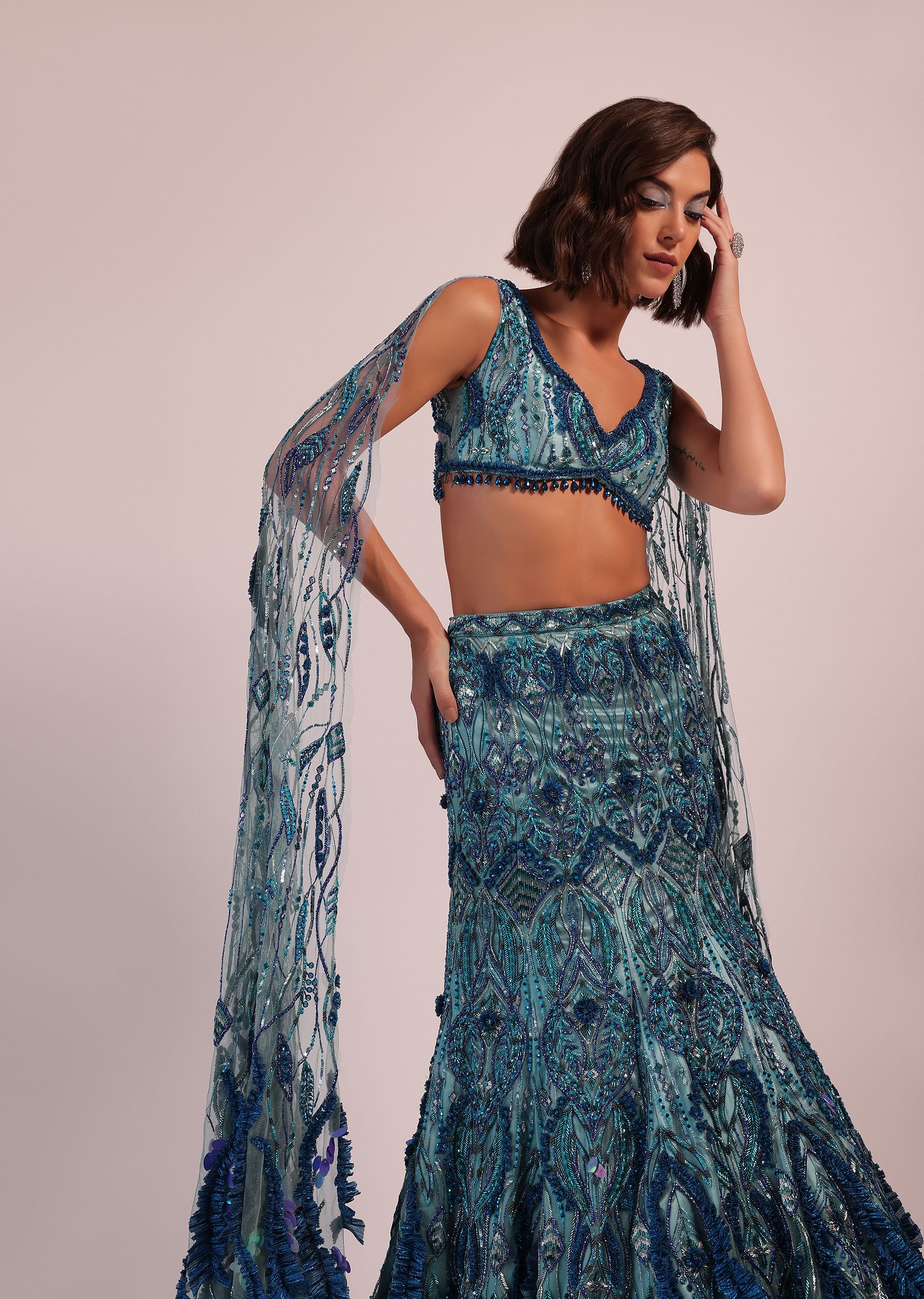 Buy Blue Fish Cut Bridal Lehenga Set With Long Trail Sleeves And Heavy Embroidery KALKI Fashion India KALKI Fashion India
