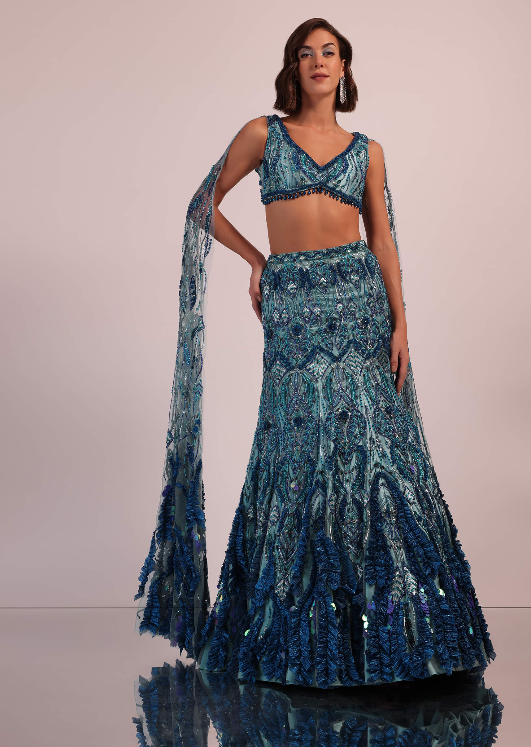 Buy Blue Fish Cut Bridal Lehenga Set With Long Trail Sleeves And Heavy Embroidery KALKI Fashion India KALKI Fashion India