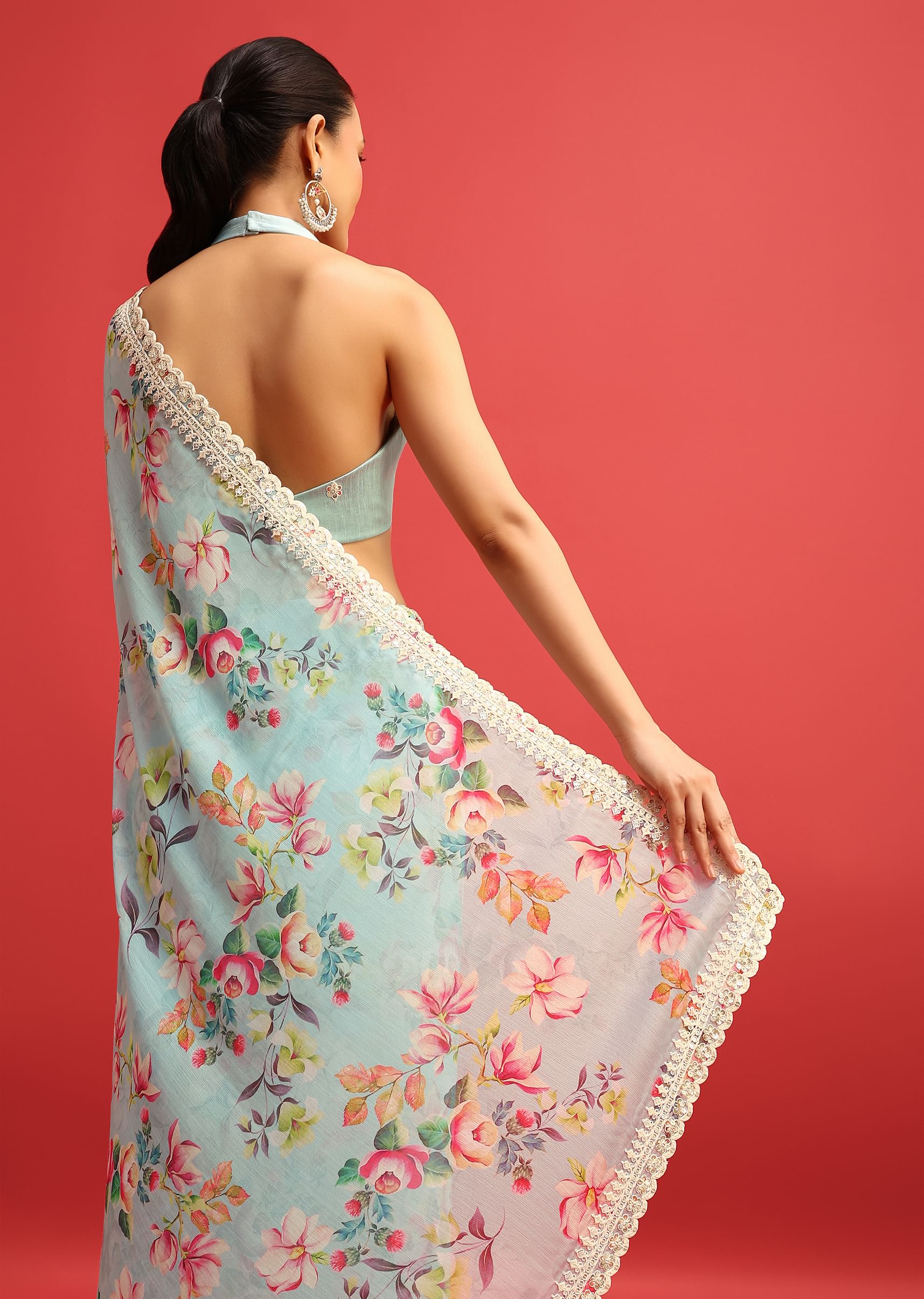 Blue Floral Embroidered Chiffon Saree with Border | KALKI