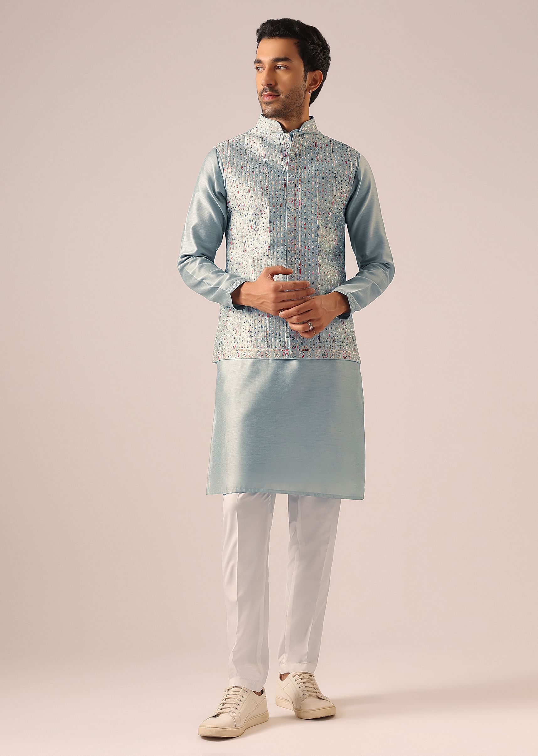 Buy Blue Fusion Jacket Kurta Set with Cutwork