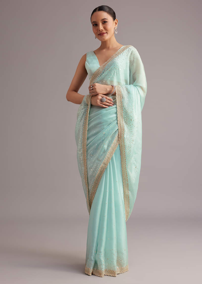 Blue Glass Tissue Saree With Cutdana Sequin And Beaded Embroidery
