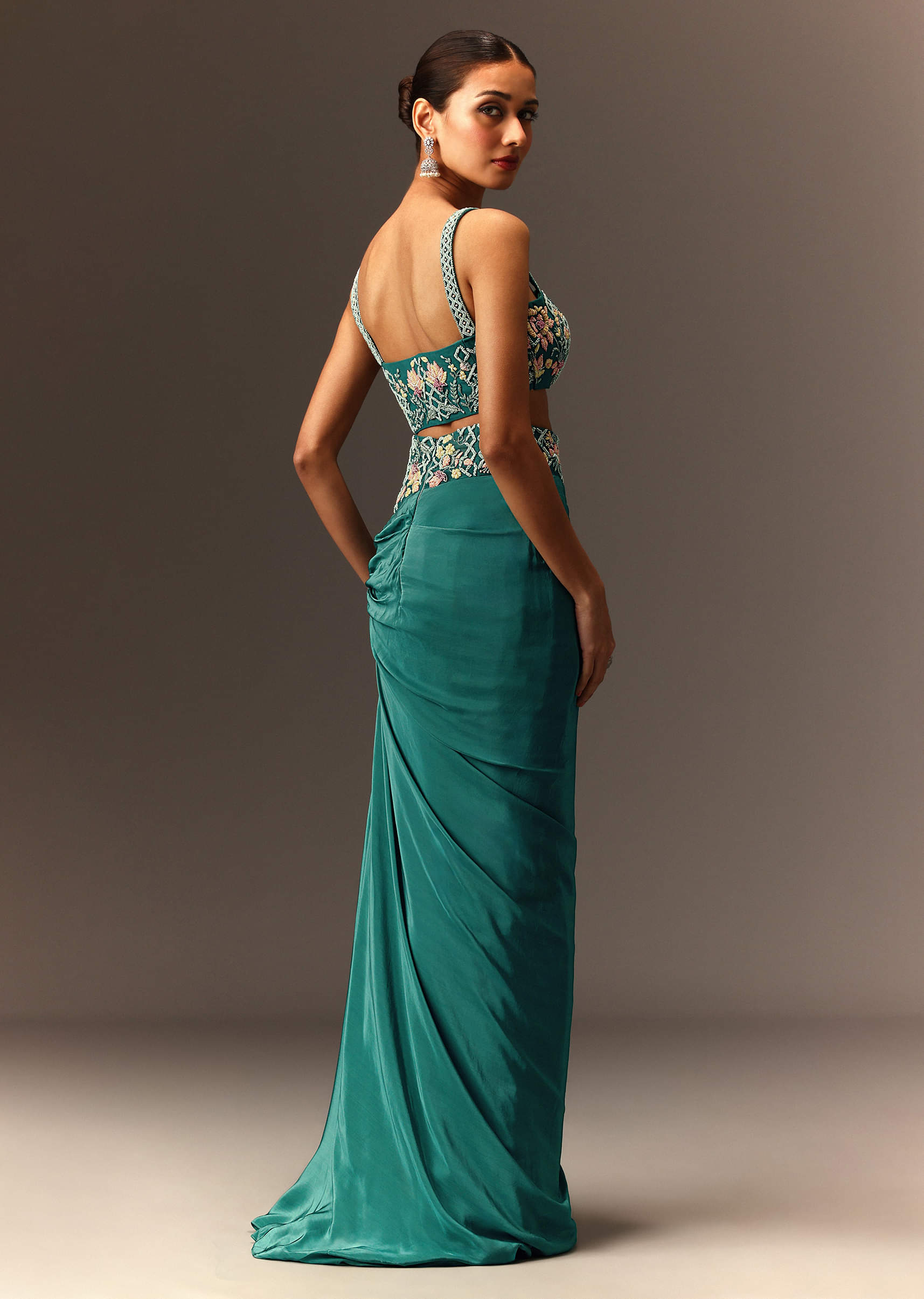 Buy Blue Hand Embroidered Blouse And Drape Skirt With Cape