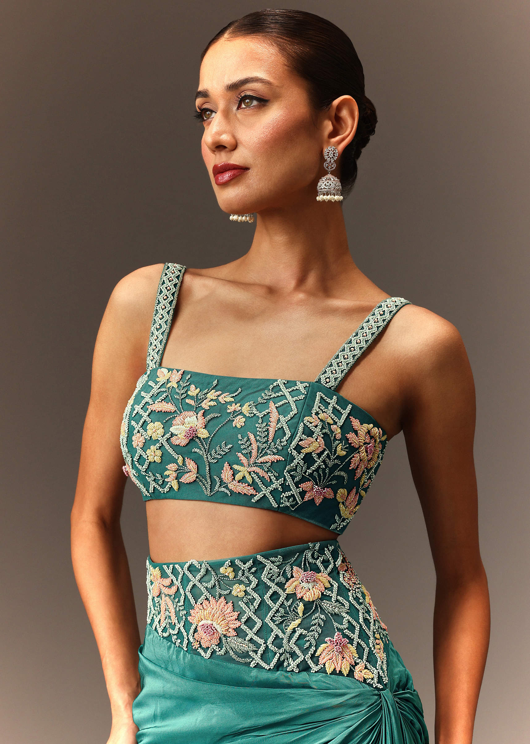 Buy Blue Hand Embroidered Blouse And Drape Skirt With Cape