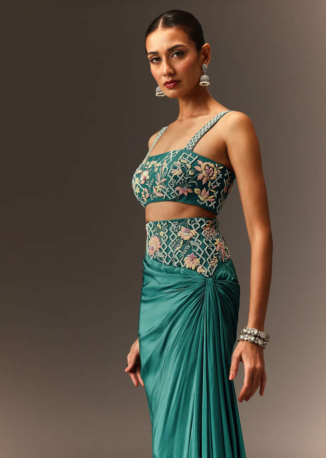 Blue Hand Embroidered Blouse And Drape Skirt With Cape