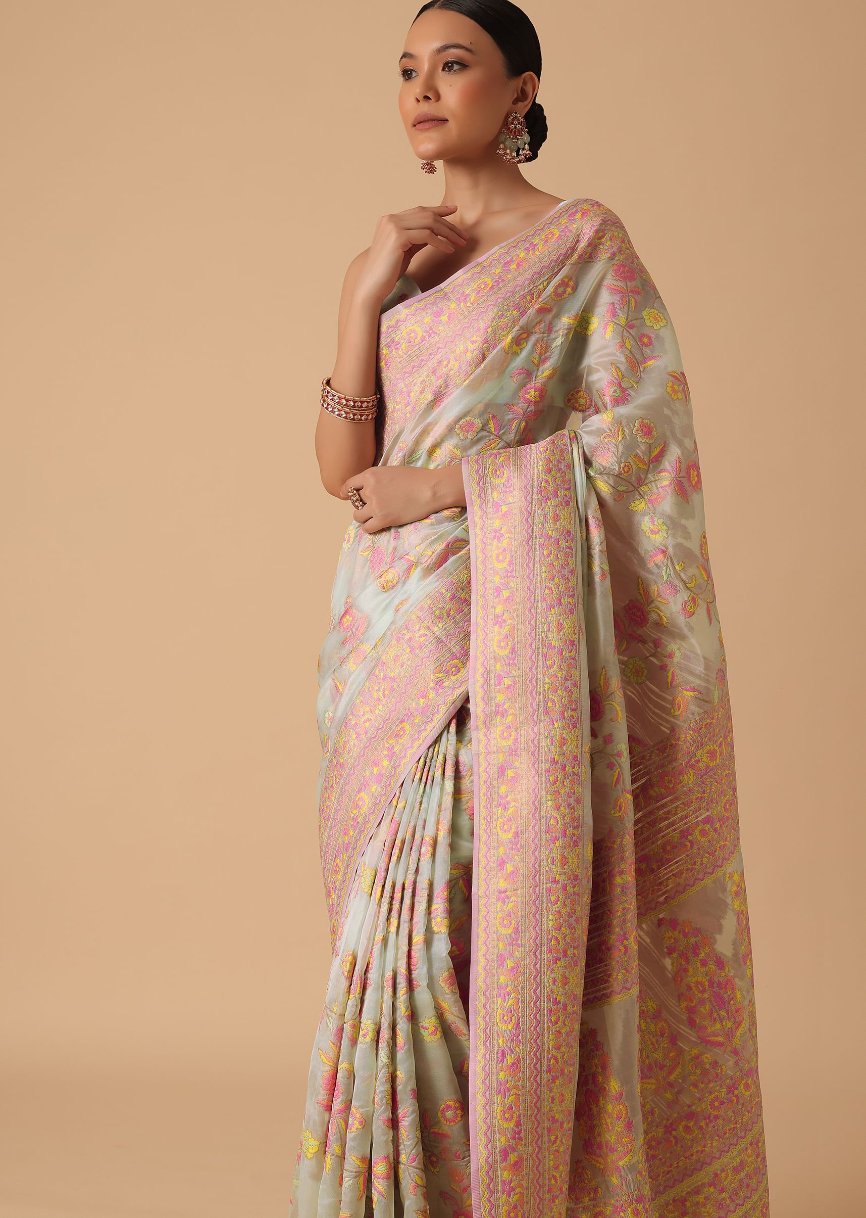 Buy Blue Handloom Kashmiri Saree With Unstitched Blouse Piece