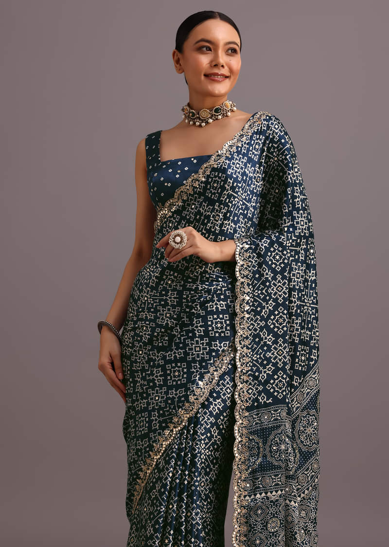 Blue Indigo Mirror And Ajrakh Print Embroidered Saree
