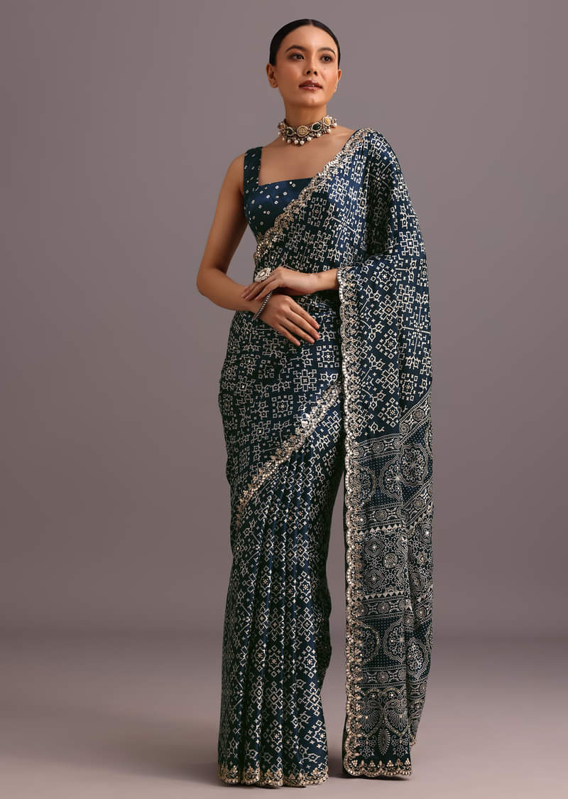 Blue Indigo Mirror And Ajrakh Print Embroidered Saree