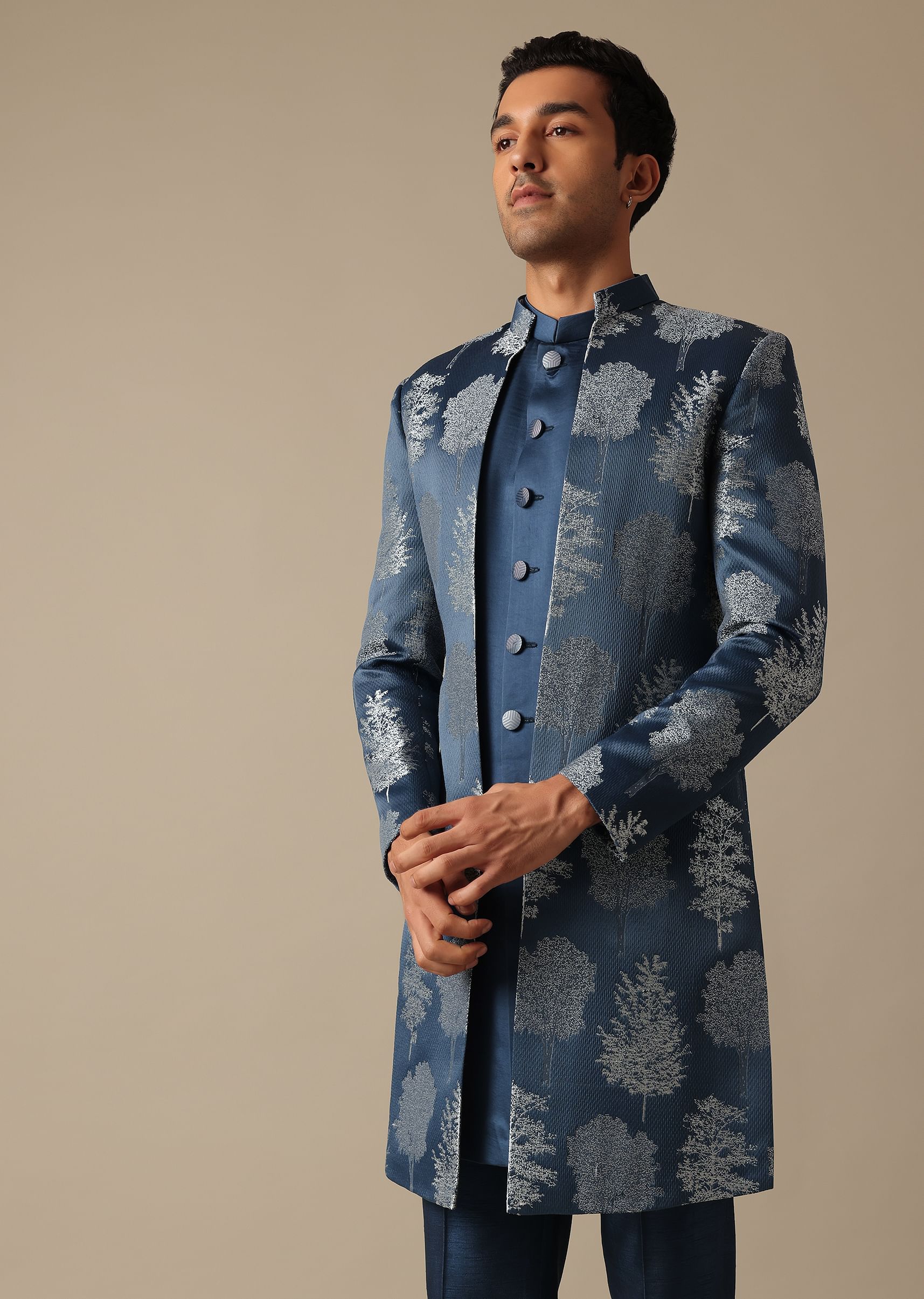 Buy Blue Jacquard Foil Print Indowestern Achkan And Jacket Set KALKI Fashion Global