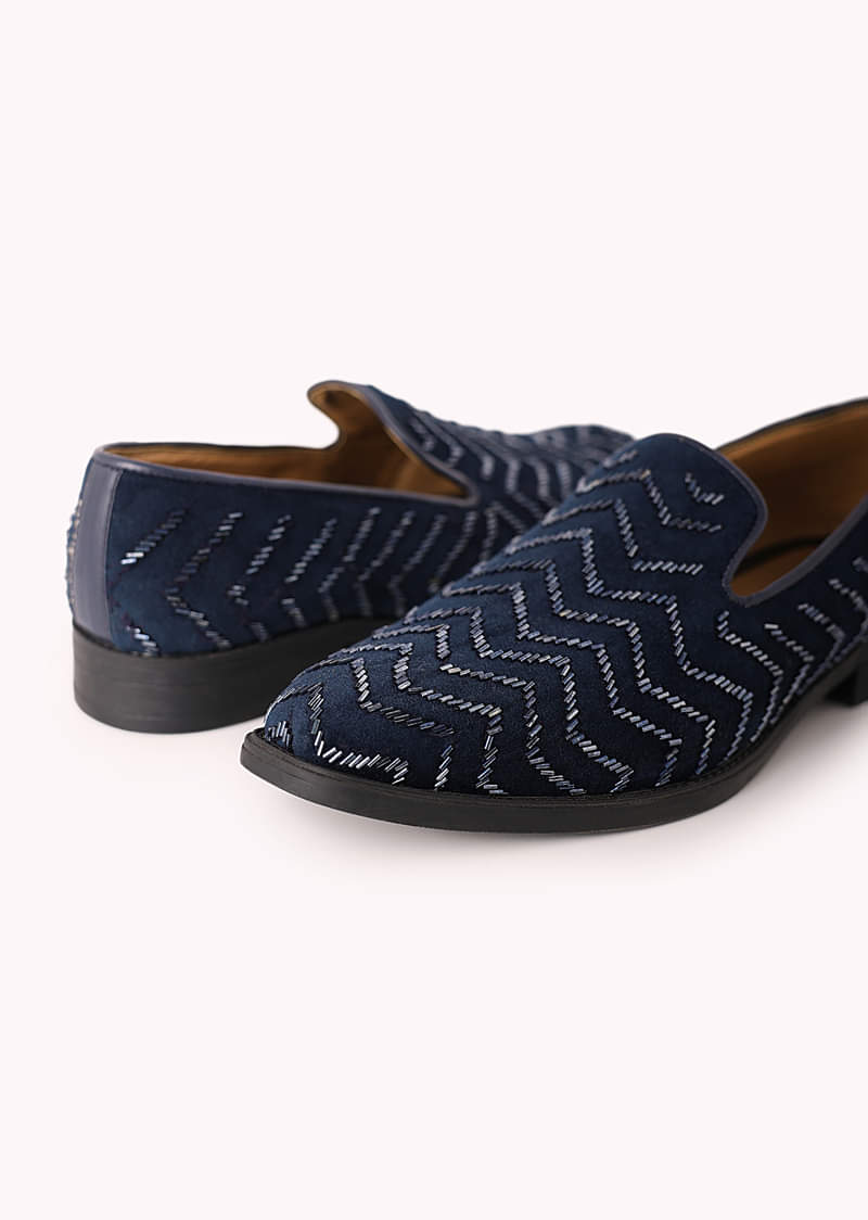 Blue Juttis In Velvet with Chevron Pattern